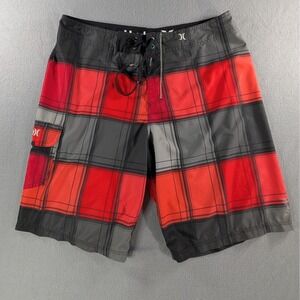 Hurley Mens Phantom Plaid Board Shorts Size 36 Red Black‎ Grey Surf Swim Trunks
